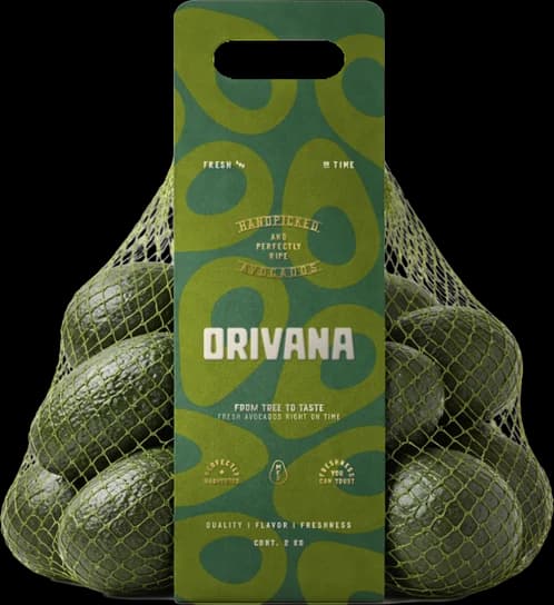 Mesh bag of avocados with an ORIVANA label