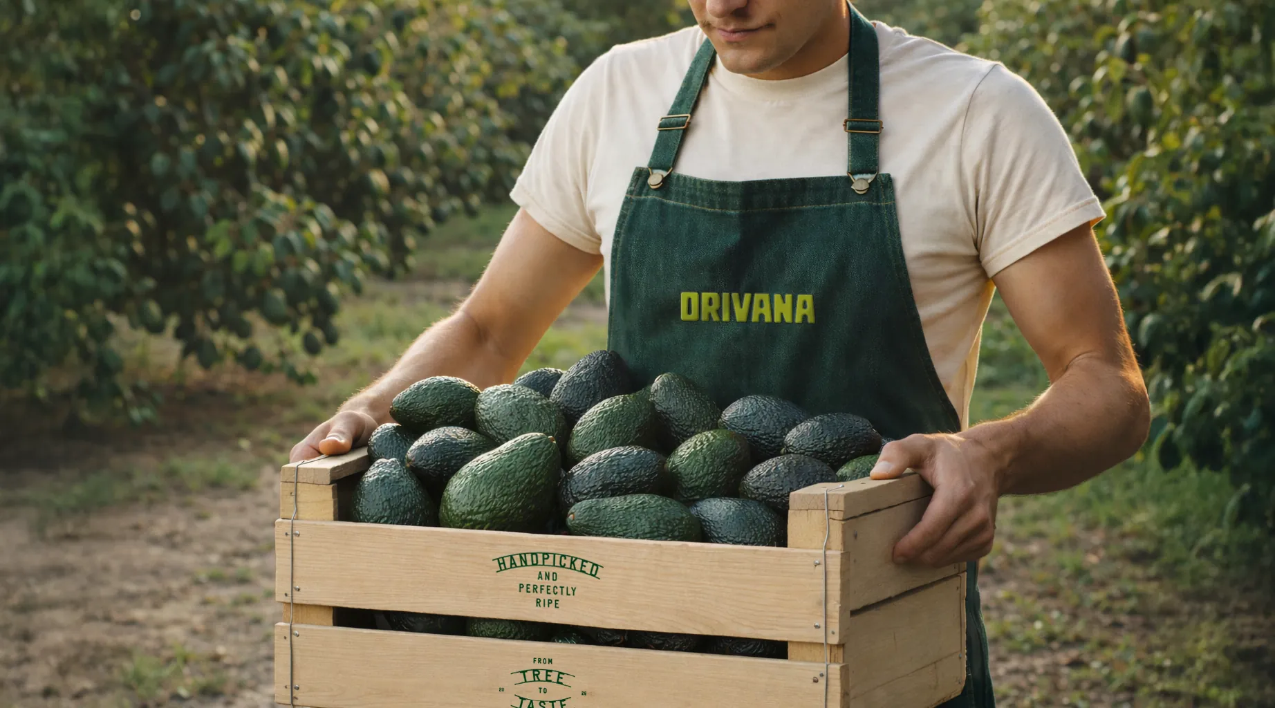 Grower wearing an ORIVANA apron, carrying a crate of avocados in the orchard